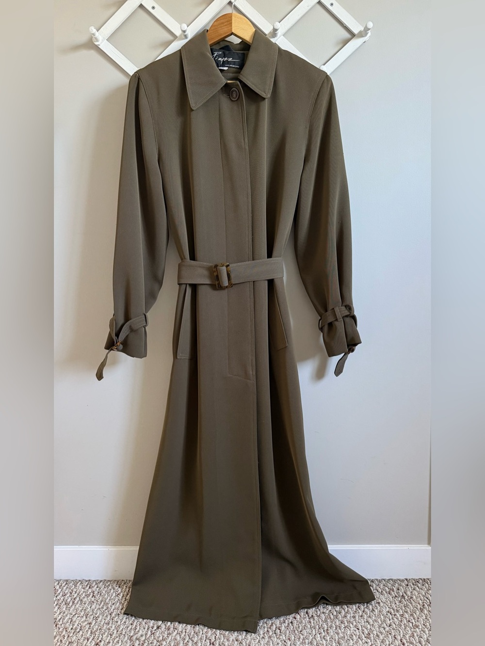 Womenβs Olive Green Long Belted Button-Up Trench Coat Jacket Size Small